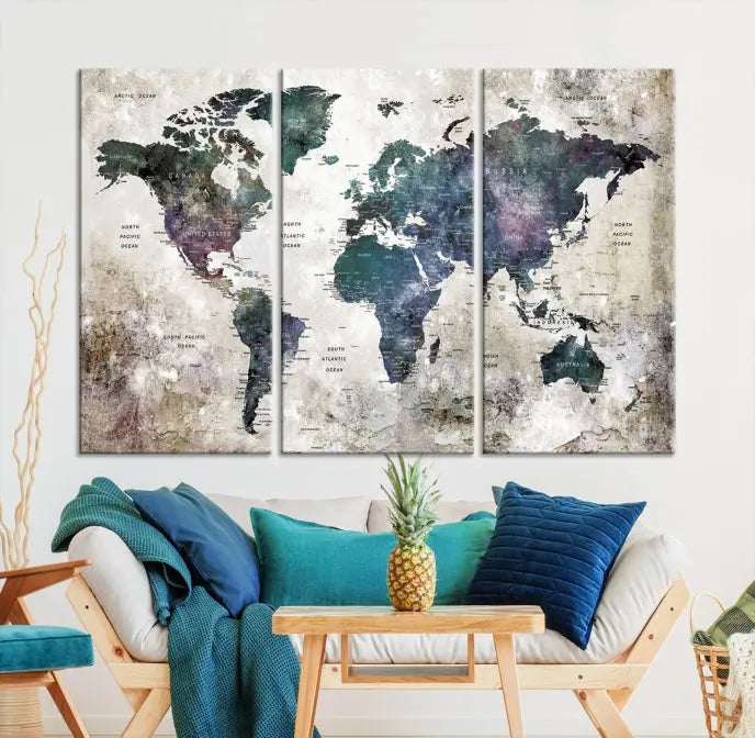 A Watercolor World Map Wall Art Canvas Print, designed in a vintage style on museum-quality canvas, hangs in the modern living room.