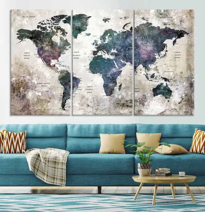 A Watercolor World Map Wall Art Canvas Print, designed in a vintage style on museum-quality canvas, hangs in the modern living room.