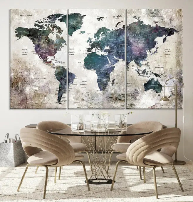 A Watercolor World Map Wall Art Canvas Print, designed in a vintage style on museum-quality canvas, hangs in the modern living room.