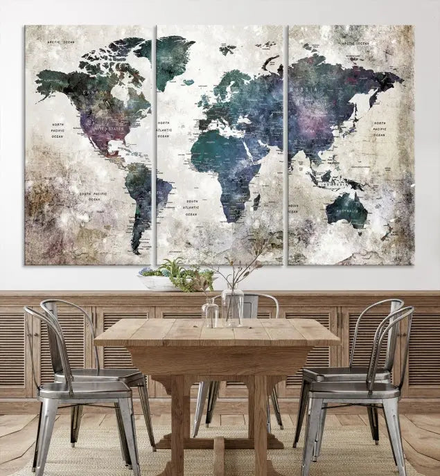 A Watercolor World Map Wall Art Canvas Print, designed in a vintage style on museum-quality canvas, hangs in the modern living room.