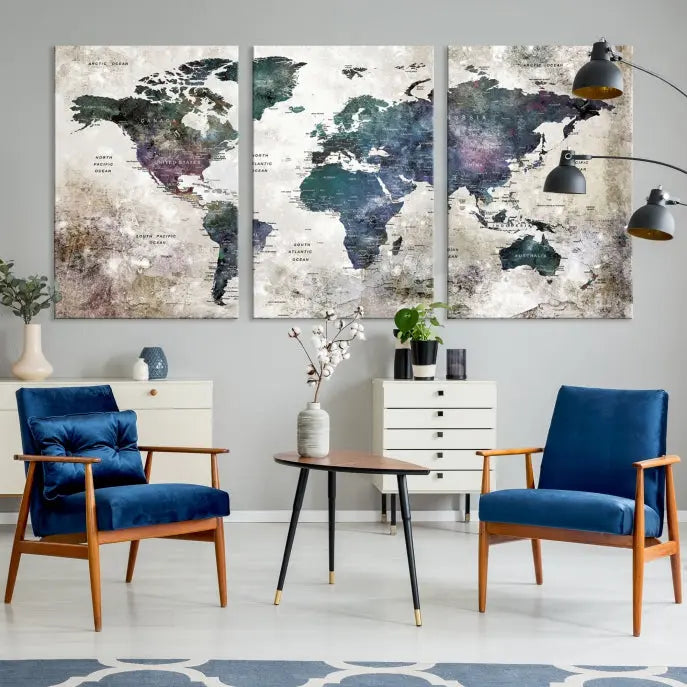 A Watercolor World Map Wall Art Canvas Print, designed in a vintage style on museum-quality canvas, hangs in the modern living room.