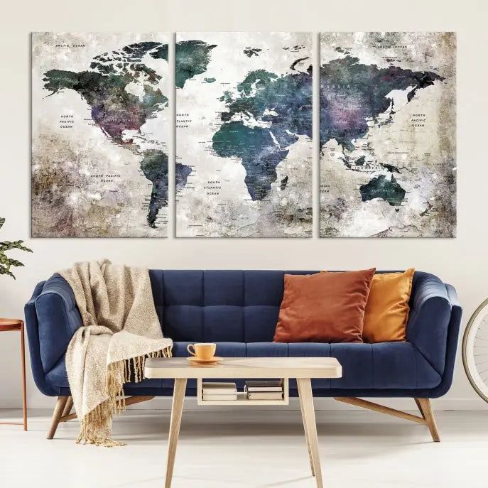 A Watercolor World Map Wall Art Canvas Print, designed in a vintage style on museum-quality canvas, hangs in the modern living room.