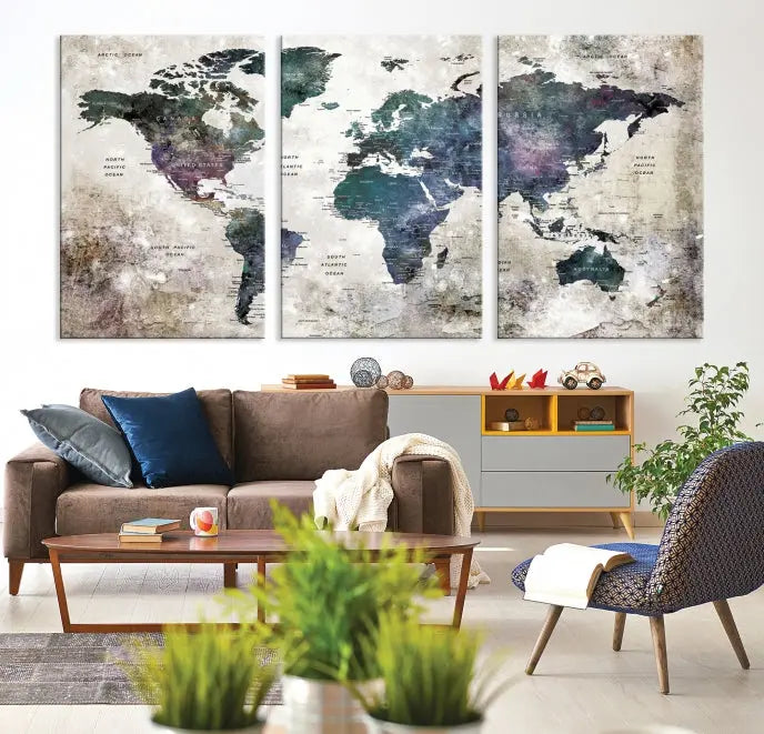 A Watercolor World Map Wall Art Canvas Print, designed in a vintage style on museum-quality canvas, hangs in the modern living room.