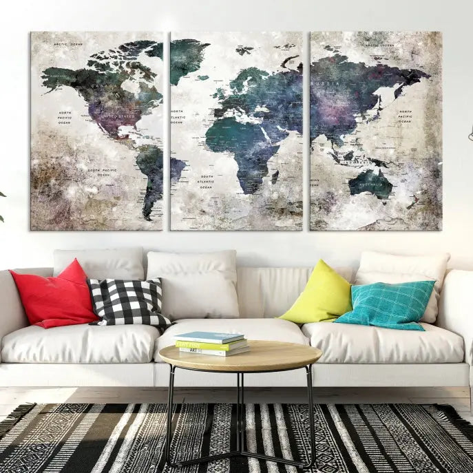 A Watercolor World Map Wall Art Canvas Print, designed in a vintage style on museum-quality canvas, hangs in the modern living room.