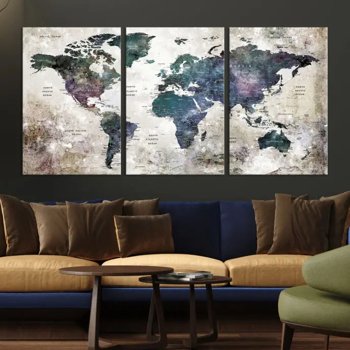 A Watercolor World Map Wall Art Canvas Print, designed in a vintage style on museum-quality canvas, hangs in the modern living room.