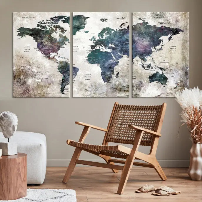 A Watercolor World Map Wall Art Canvas Print, designed in a vintage style on museum-quality canvas, hangs in the modern living room.