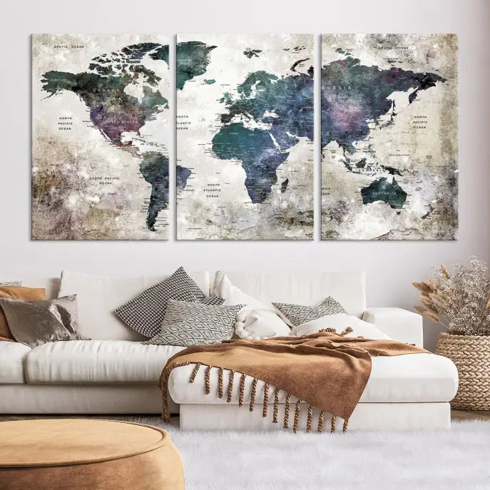 A Watercolor World Map Wall Art Canvas Print, designed in a vintage style on museum-quality canvas, hangs in the modern living room.