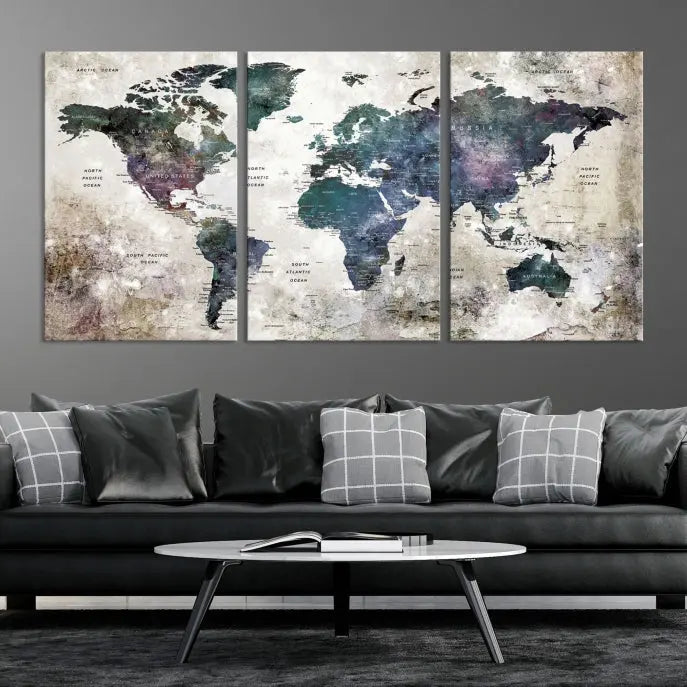 A Watercolor World Map Wall Art Canvas Print, designed in a vintage style on museum-quality canvas, hangs in the modern living room.