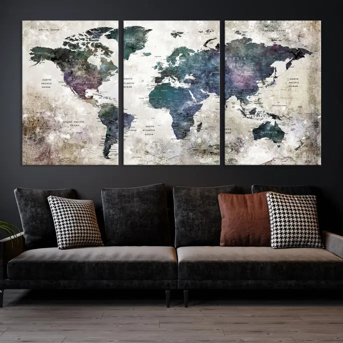 A Watercolor World Map Wall Art Canvas Print, designed in a vintage style on museum-quality canvas, hangs in the modern living room.