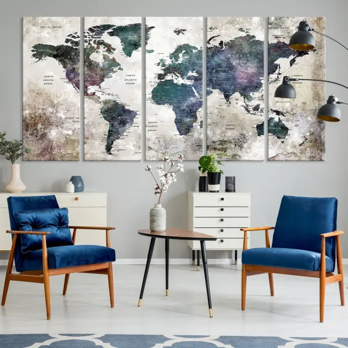 A Watercolor World Map Wall Art Canvas Print, designed in a vintage style on museum-quality canvas, hangs in the modern living room.