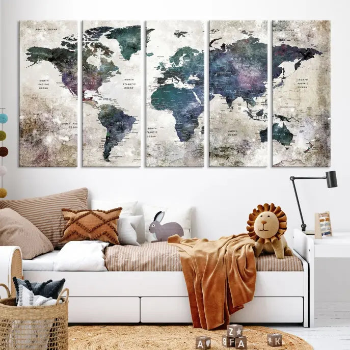 A Watercolor World Map Wall Art Canvas Print, designed in a vintage style on museum-quality canvas, hangs in the modern living room.