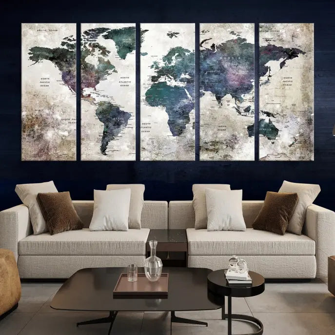 A Watercolor World Map Wall Art Canvas Print, designed in a vintage style on museum-quality canvas, hangs in the modern living room.