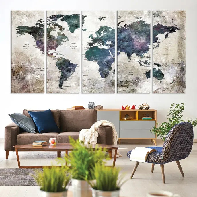 A Watercolor World Map Wall Art Canvas Print, designed in a vintage style on museum-quality canvas, hangs in the modern living room.