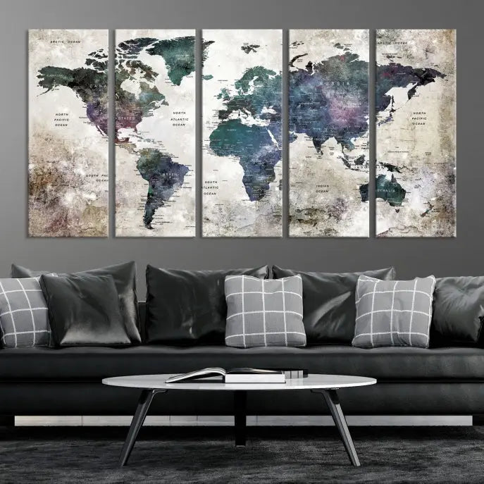 A Watercolor World Map Wall Art Canvas Print, designed in a vintage style on museum-quality canvas, hangs in the modern living room.