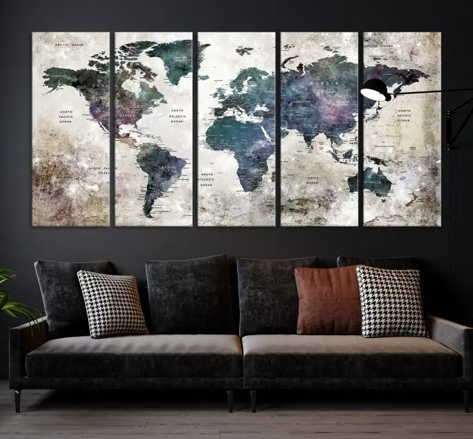 A Watercolor World Map Wall Art Canvas Print, designed in a vintage style on museum-quality canvas, hangs in the modern living room.