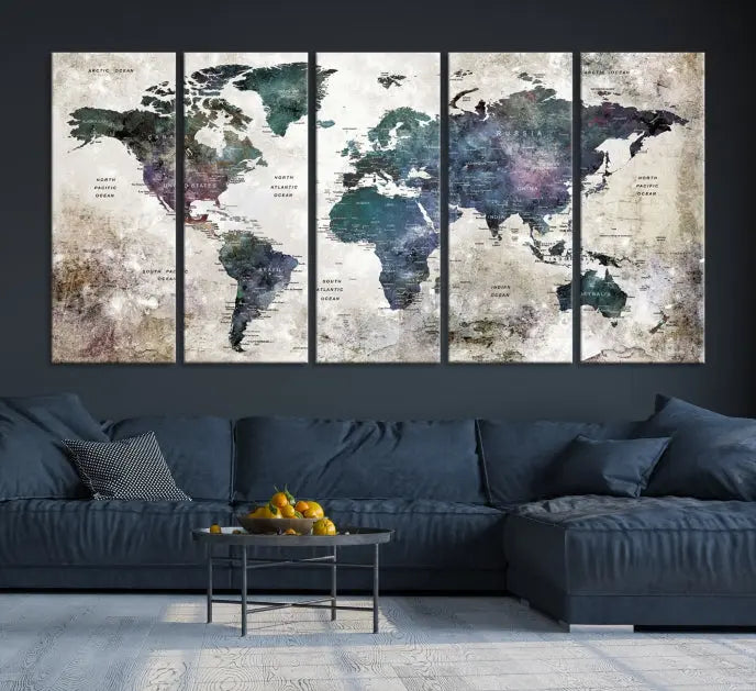 A Watercolor World Map Wall Art Canvas Print, designed in a vintage style on museum-quality canvas, hangs in the modern living room.