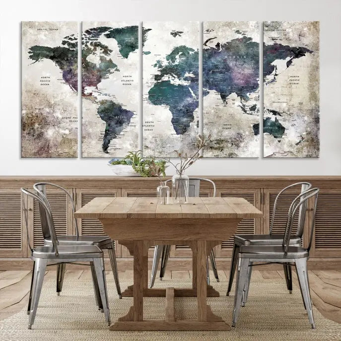 A Watercolor World Map Wall Art Canvas Print, designed in a vintage style on museum-quality canvas, hangs in the modern living room.