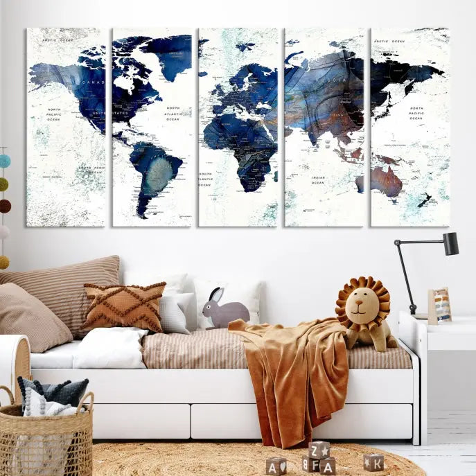 A modern living room showcases a Watercolor World Map Wall Art Canvas Print on the wall, crafted on museum-quality canvas. This artwork adds elegance to the space.