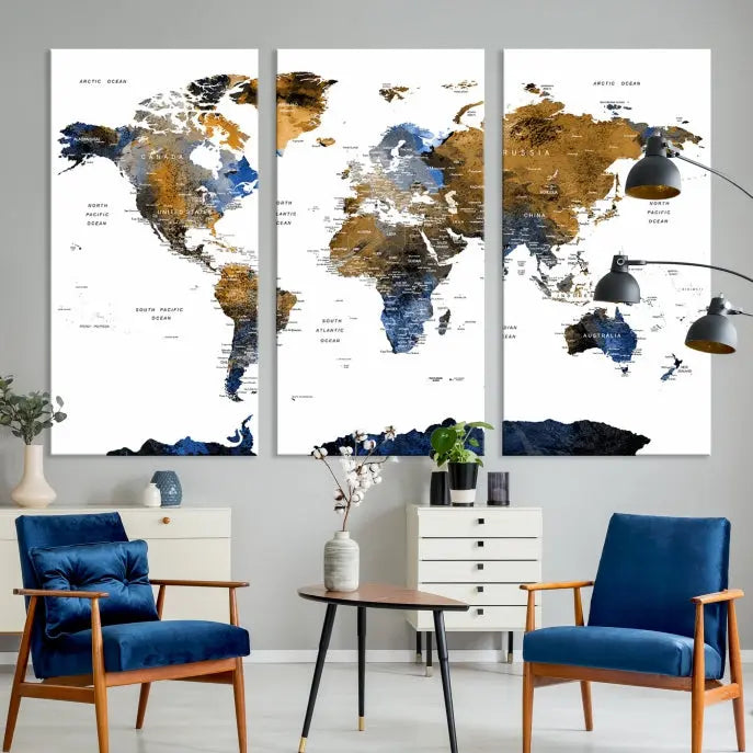 In a modern living room, the "Watercolor World Map Wall Art Canvas Print" is displayed, offering blue and gold tones on museum-quality canvas with UV protection.