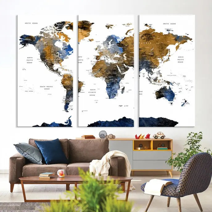 In a modern living room, the "Watercolor World Map Wall Art Canvas Print" is displayed, offering blue and gold tones on museum-quality canvas with UV protection.