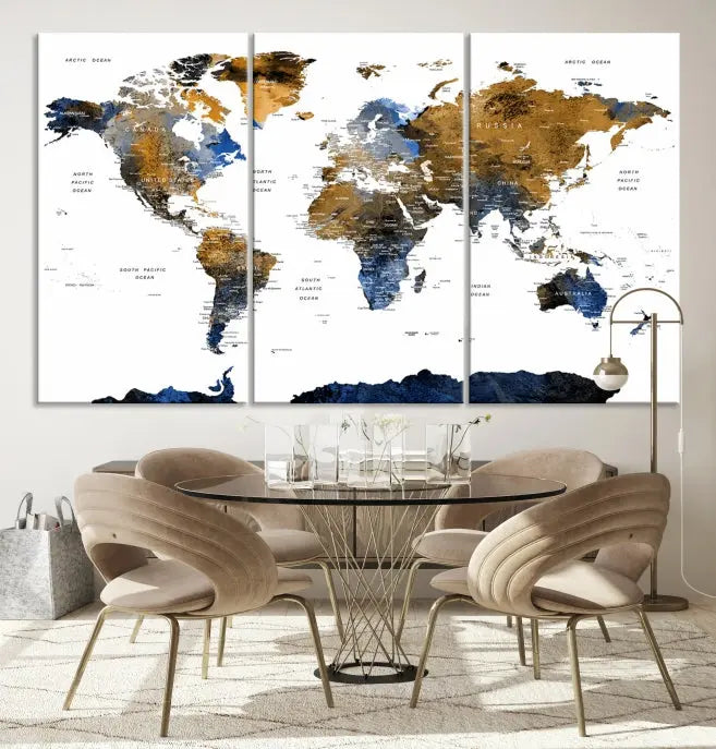 In a modern living room, the "Watercolor World Map Wall Art Canvas Print" is displayed, offering blue and gold tones on museum-quality canvas with UV protection.