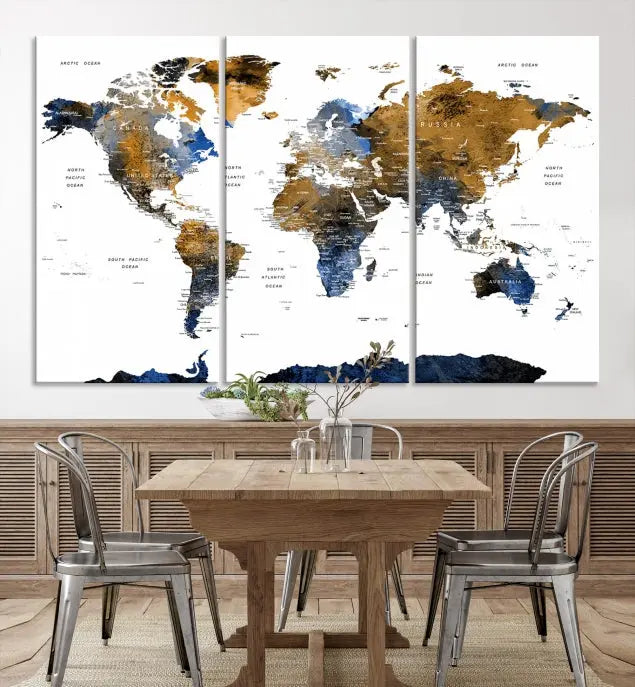 In a modern living room, the "Watercolor World Map Wall Art Canvas Print" is displayed, offering blue and gold tones on museum-quality canvas with UV protection.