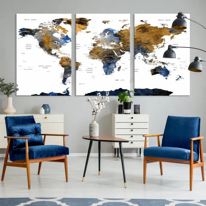 In a modern living room, the "Watercolor World Map Wall Art Canvas Print" is displayed, offering blue and gold tones on museum-quality canvas with UV protection.