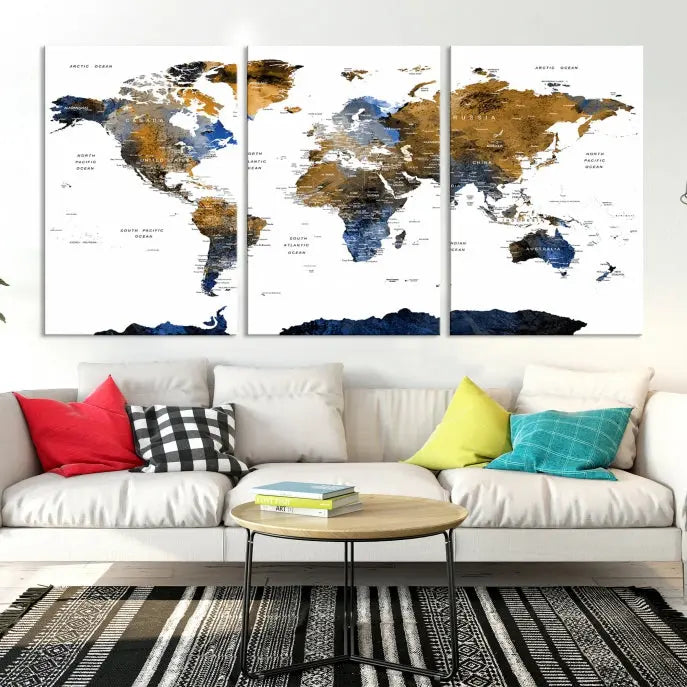 In a modern living room, the "Watercolor World Map Wall Art Canvas Print" is displayed, offering blue and gold tones on museum-quality canvas with UV protection.