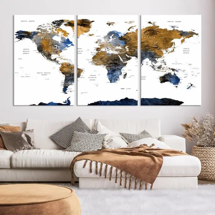 In a modern living room, the "Watercolor World Map Wall Art Canvas Print" is displayed, offering blue and gold tones on museum-quality canvas with UV protection.