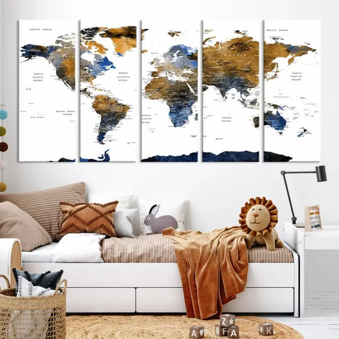 In a modern living room, the "Watercolor World Map Wall Art Canvas Print" is displayed, offering blue and gold tones on museum-quality canvas with UV protection.