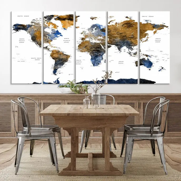 In a modern living room, the "Watercolor World Map Wall Art Canvas Print" is displayed, offering blue and gold tones on museum-quality canvas with UV protection.