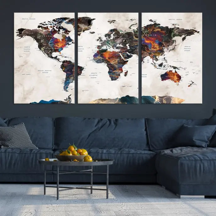 The Watercolor World Map Wall Art Canvas Print in the chic dining space boasts a museum-quality finish and UV-protective coating, ready to hang.