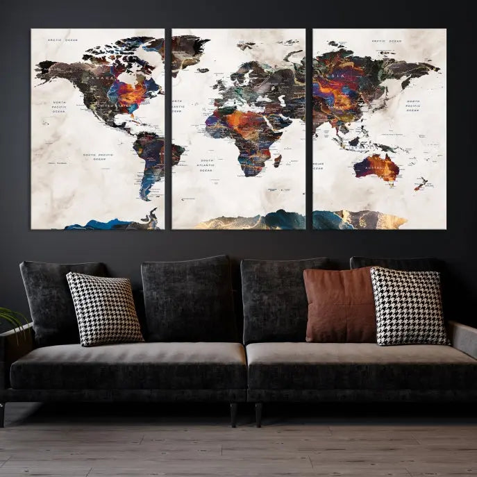 The Watercolor World Map Wall Art Canvas Print in the chic dining space boasts a museum-quality finish and UV-protective coating, ready to hang.