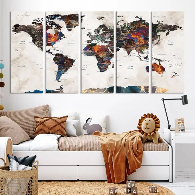 The Watercolor World Map Wall Art Canvas Print in the chic dining space boasts a museum-quality finish and UV-protective coating, ready to hang.