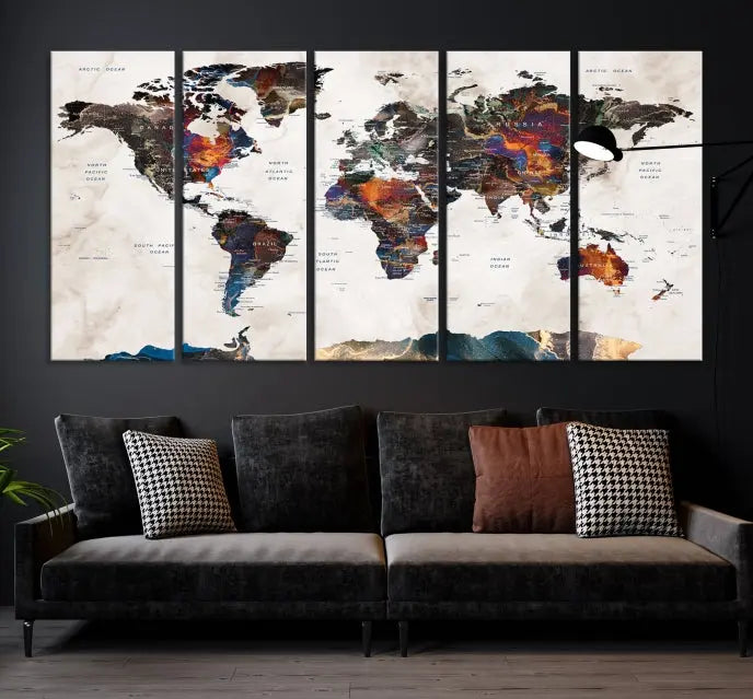 The Watercolor World Map Wall Art Canvas Print in the chic dining space boasts a museum-quality finish and UV-protective coating, ready to hang.