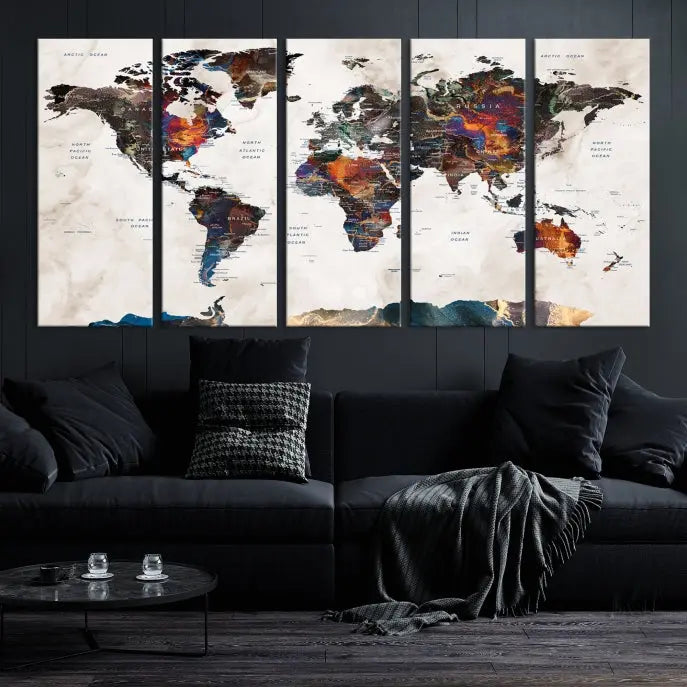 The Watercolor World Map Wall Art Canvas Print in the chic dining space boasts a museum-quality finish and UV-protective coating, ready to hang.