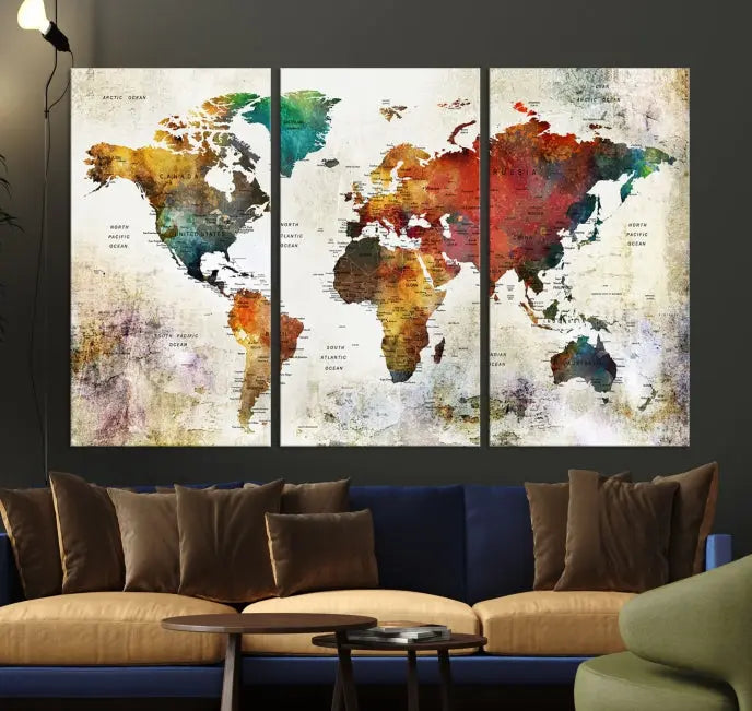 The "Watercolor World Map Wall Art Canvas Print" adds a splash of color to the space. Crafted on museum-quality canvases, it boasts vibrant details protected by a UV-coating for lasting beauty. Enjoy the convenience of free shipping for an effortless purchase experience.