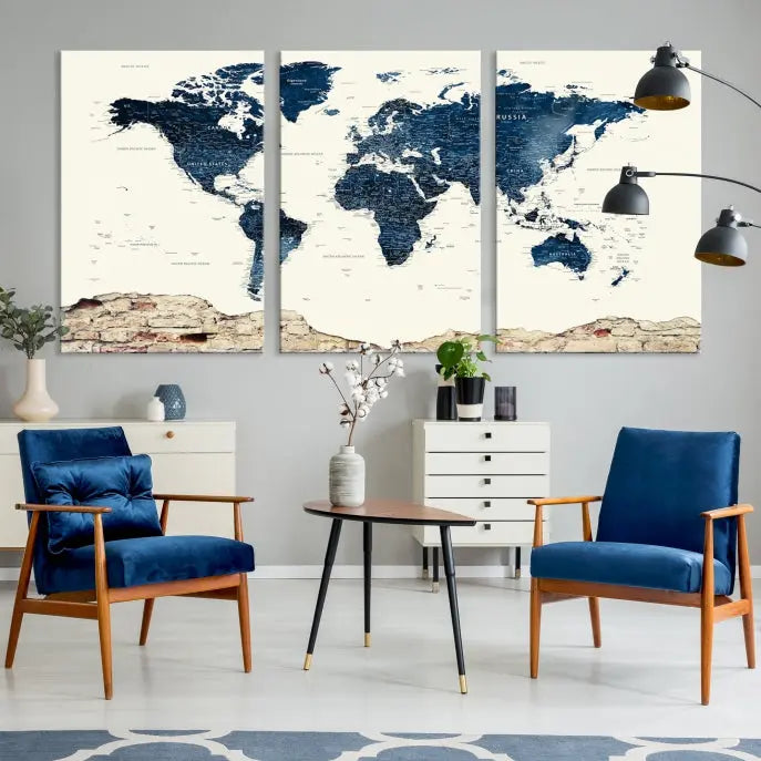 The Watercolor World Map Wall Art Canvas Print, crafted on museum-quality canvas, adorns the wall. Each piece is hand-assembled and features a UV-protective coating to ensure lasting beauty and vibrancy.