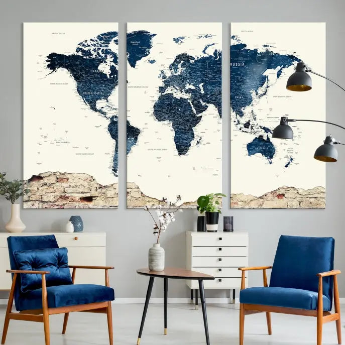 The Watercolor World Map Wall Art Canvas Print, crafted on museum-quality canvas, adorns the wall. Each piece is hand-assembled and features a UV-protective coating to ensure lasting beauty and vibrancy.