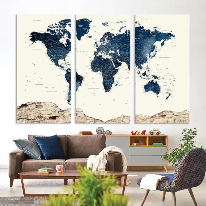 The Watercolor World Map Wall Art Canvas Print, crafted on museum-quality canvas, adorns the wall. Each piece is hand-assembled and features a UV-protective coating to ensure lasting beauty and vibrancy.