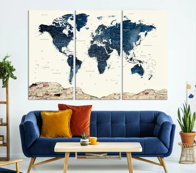 The Watercolor World Map Wall Art Canvas Print, crafted on museum-quality canvas, adorns the wall. Each piece is hand-assembled and features a UV-protective coating to ensure lasting beauty and vibrancy.