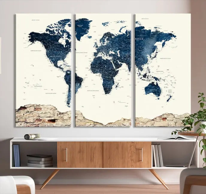 The Watercolor World Map Wall Art Canvas Print, crafted on museum-quality canvas, adorns the wall. Each piece is hand-assembled and features a UV-protective coating to ensure lasting beauty and vibrancy.