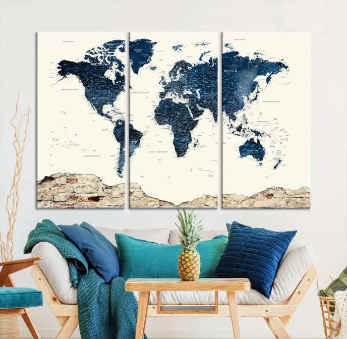 The Watercolor World Map Wall Art Canvas Print, crafted on museum-quality canvas, adorns the wall. Each piece is hand-assembled and features a UV-protective coating to ensure lasting beauty and vibrancy.