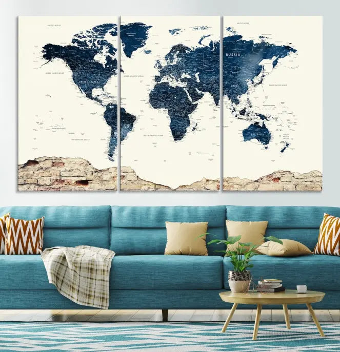 The Watercolor World Map Wall Art Canvas Print, crafted on museum-quality canvas, adorns the wall. Each piece is hand-assembled and features a UV-protective coating to ensure lasting beauty and vibrancy.