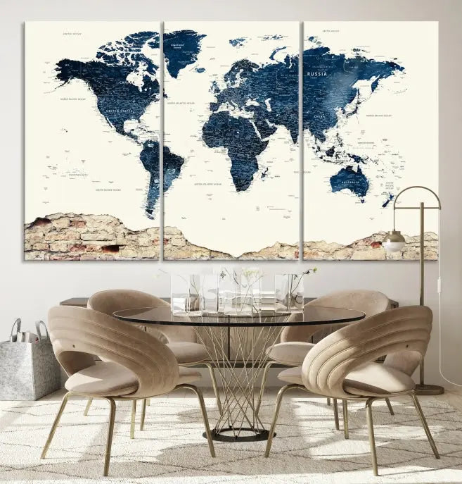 The Watercolor World Map Wall Art Canvas Print, crafted on museum-quality canvas, adorns the wall. Each piece is hand-assembled and features a UV-protective coating to ensure lasting beauty and vibrancy.