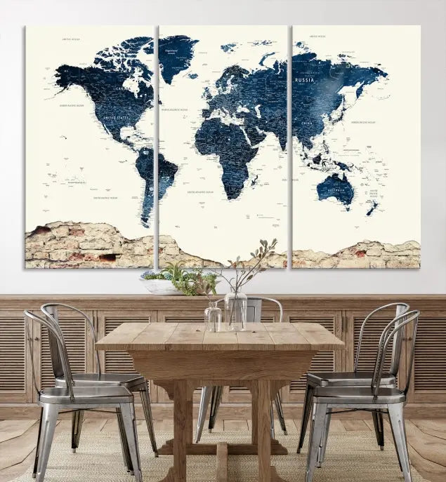 The Watercolor World Map Wall Art Canvas Print, crafted on museum-quality canvas, adorns the wall. Each piece is hand-assembled and features a UV-protective coating to ensure lasting beauty and vibrancy.