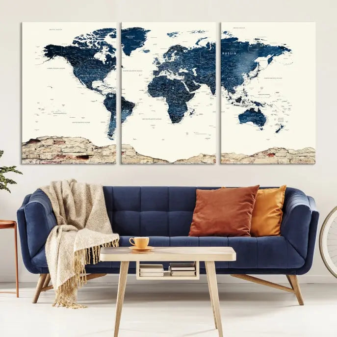 The Watercolor World Map Wall Art Canvas Print, crafted on museum-quality canvas, adorns the wall. Each piece is hand-assembled and features a UV-protective coating to ensure lasting beauty and vibrancy.