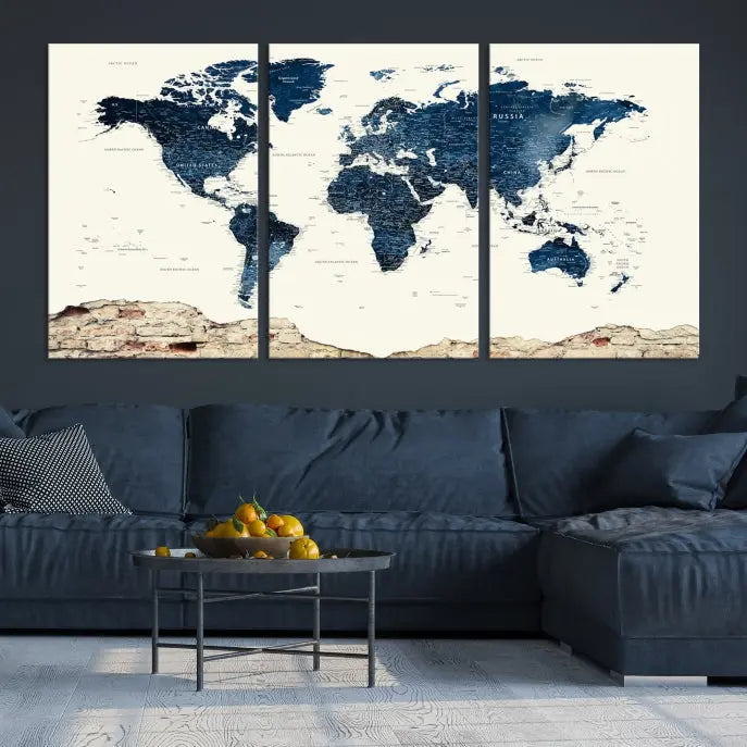 The Watercolor World Map Wall Art Canvas Print, crafted on museum-quality canvas, adorns the wall. Each piece is hand-assembled and features a UV-protective coating to ensure lasting beauty and vibrancy.