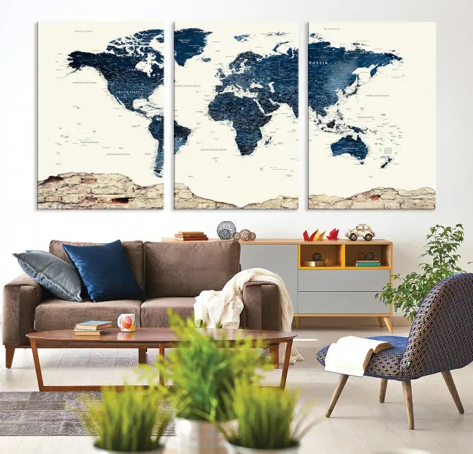 The Watercolor World Map Wall Art Canvas Print, crafted on museum-quality canvas, adorns the wall. Each piece is hand-assembled and features a UV-protective coating to ensure lasting beauty and vibrancy.