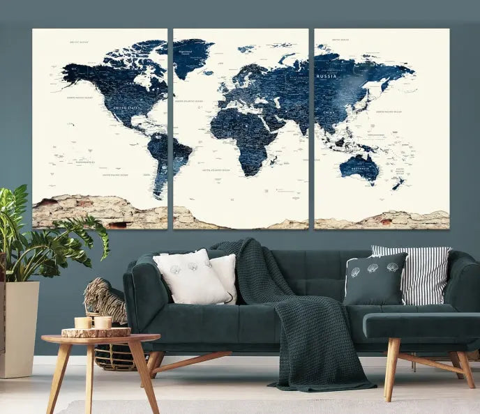 The Watercolor World Map Wall Art Canvas Print, crafted on museum-quality canvas, adorns the wall. Each piece is hand-assembled and features a UV-protective coating to ensure lasting beauty and vibrancy.